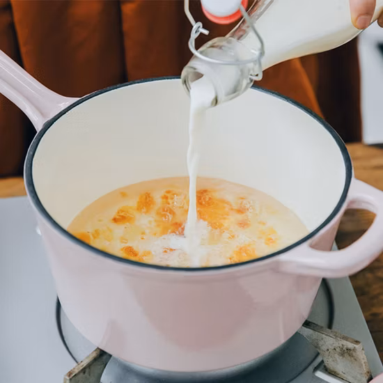 Panela esmaltada de ferro fundido com alça longa